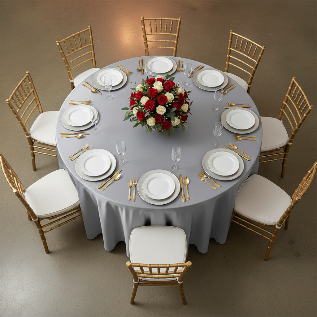 Lamour Satin 120" Round Tablecloth - Gray/Silver | charger plate | dinner plate | wine goblets | flower centerpiece |