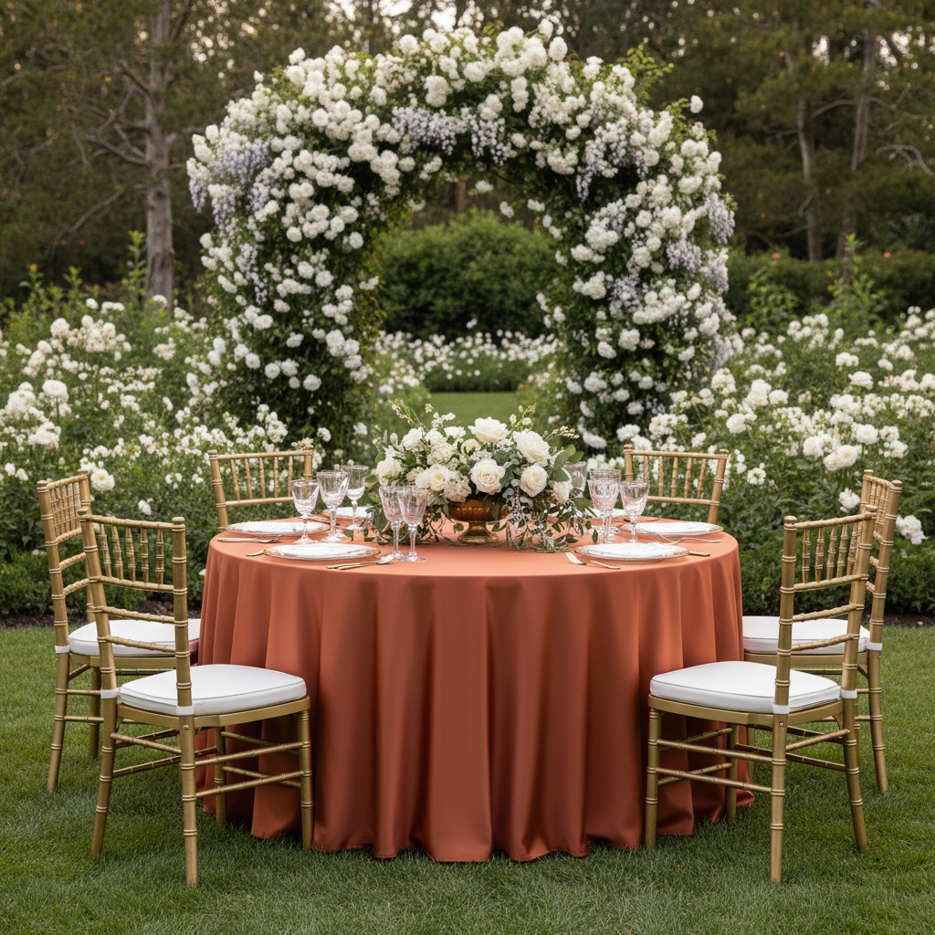 Lamour Satin 120" Round Tablecloth - Terracotta