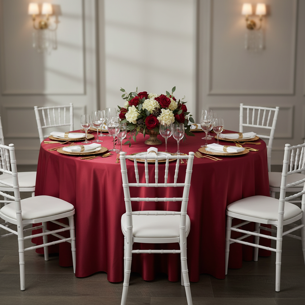 Lamour Satin 132" Round Tablecloth - Apple Red | charger plate | wine goblets | centerpiece |