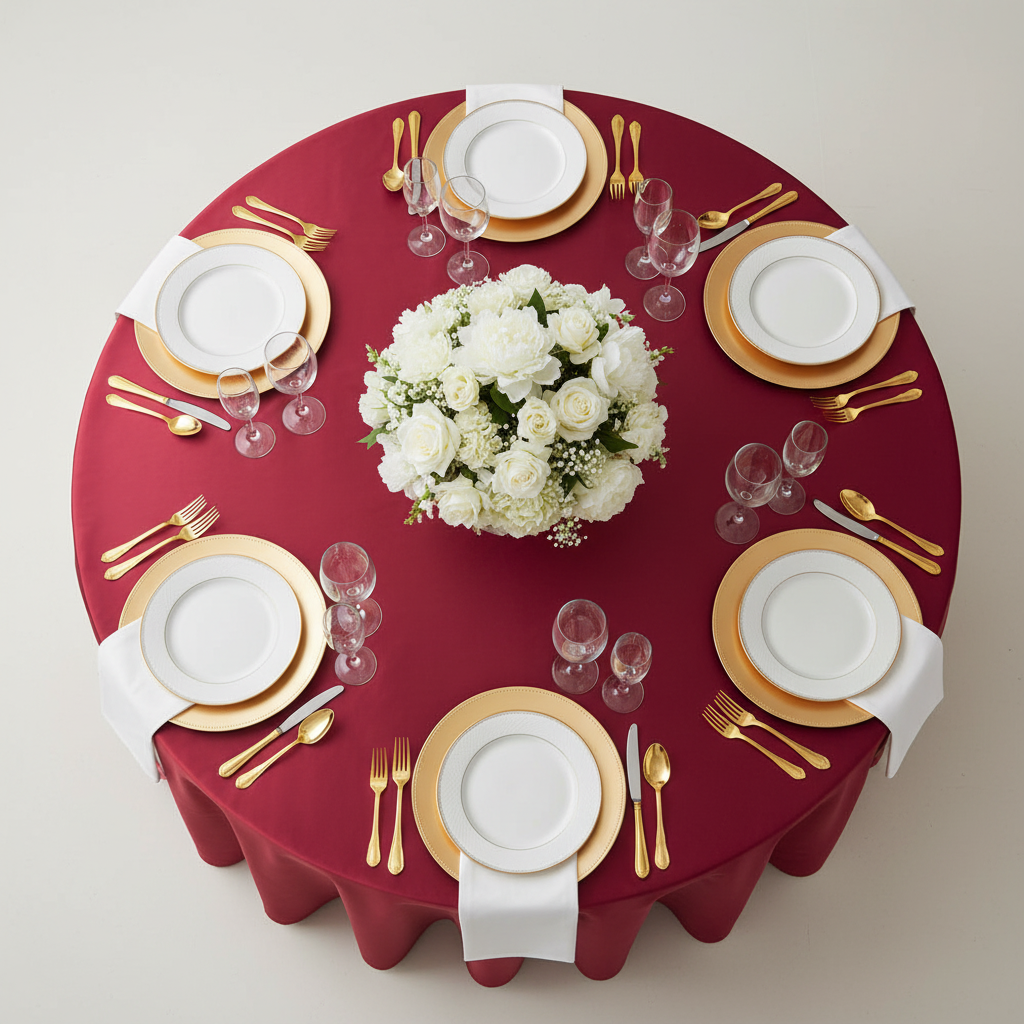 Lamour Satin 132" Round Tablecloth - Apple Red | charger plate | wine goblets | centerpiece |