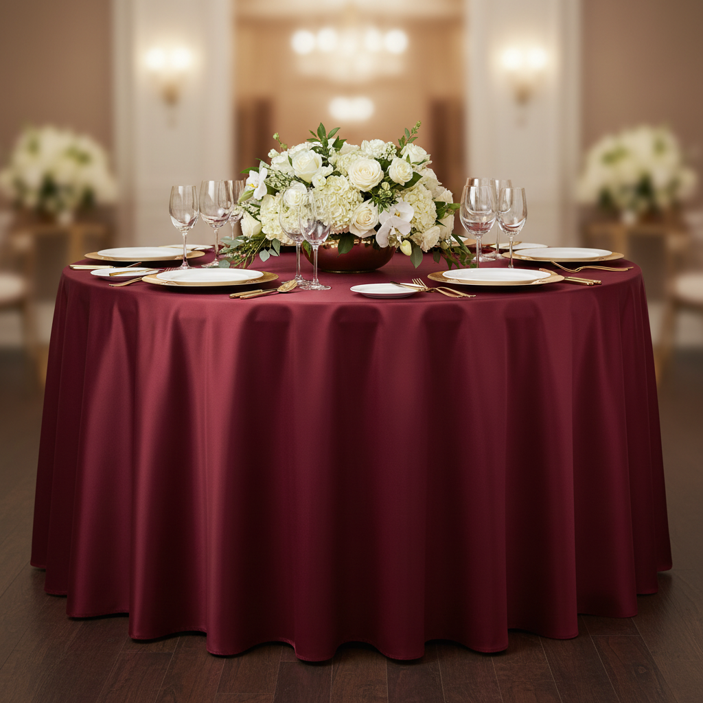 Lamour Satin 132" Round Tablecloth - Apple Red | charger plate | wine goblets | centerpiece |