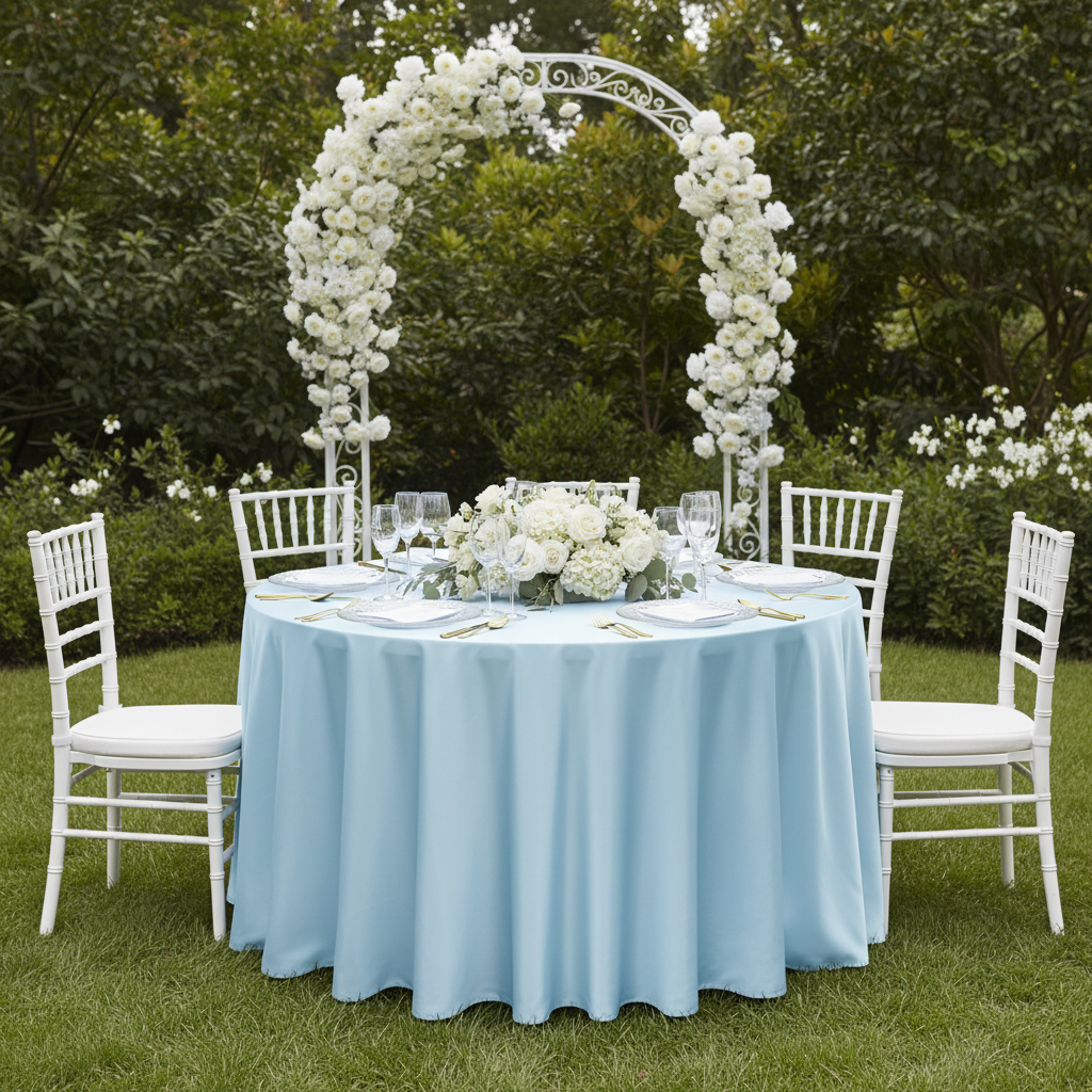 Lamour Satin 132" Round Tablecloth - Baby Blue | charger plate | wine goblets | flower centerpiece 