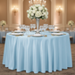 Lamour Satin 132" Round Tablecloth - Baby Blue | charger plate | wine goblets | napkins | flower centerpiece |