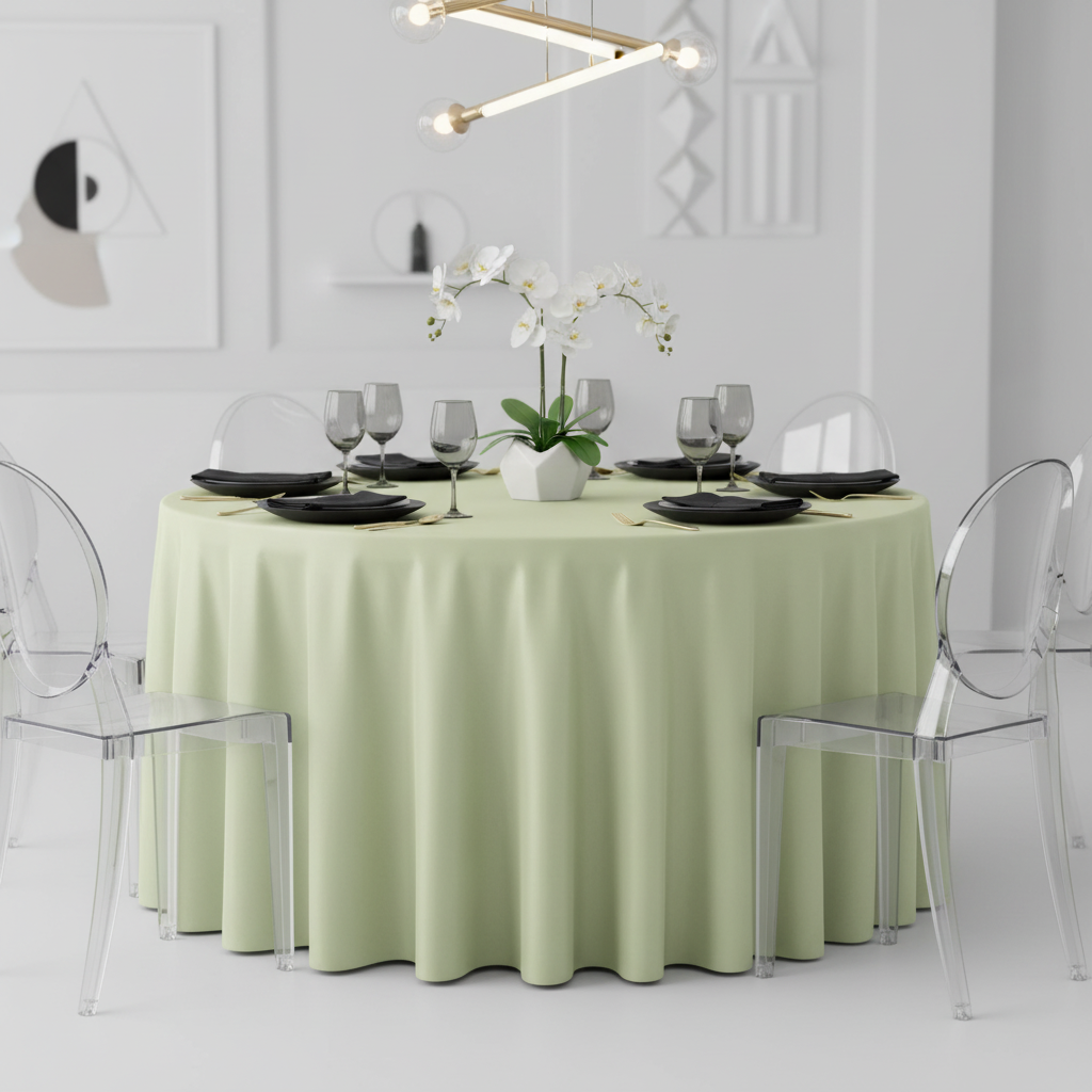 Lamour Satin 132" Round Tablecloth - Sage Green | charger plate | napkin | wine goblet |