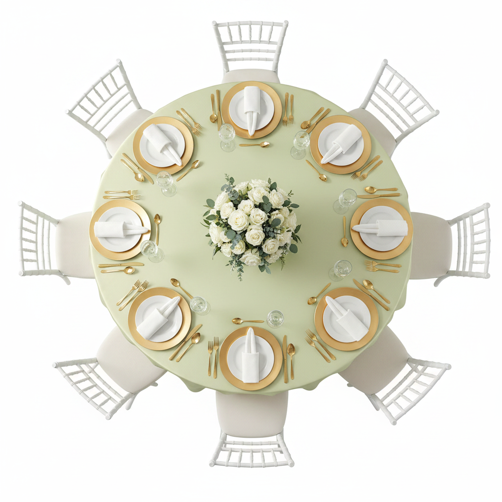 Lamour Satin 132" Round Tablecloth - Sage Green | charger plate | napkin | wine goblet |