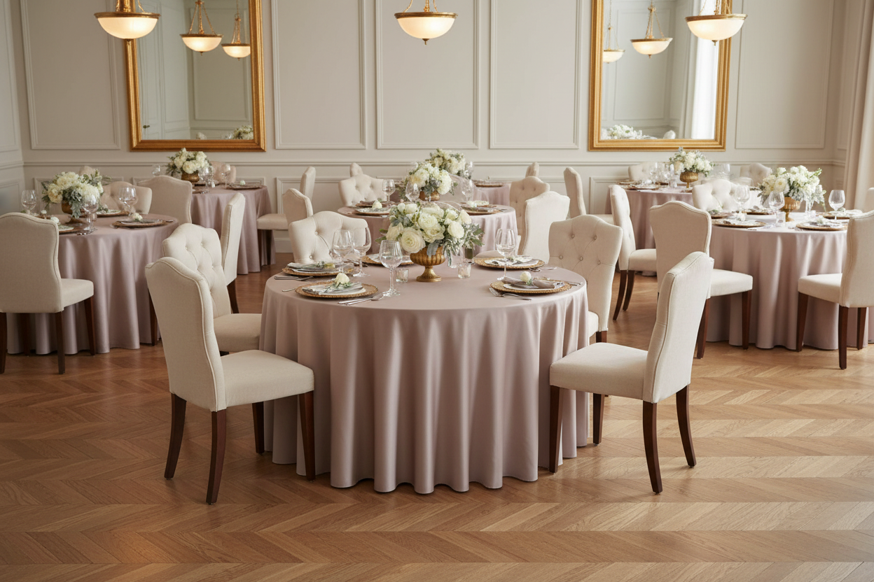 wedding reception with Lamour Satin 132" Round Tablecloth - Taupe