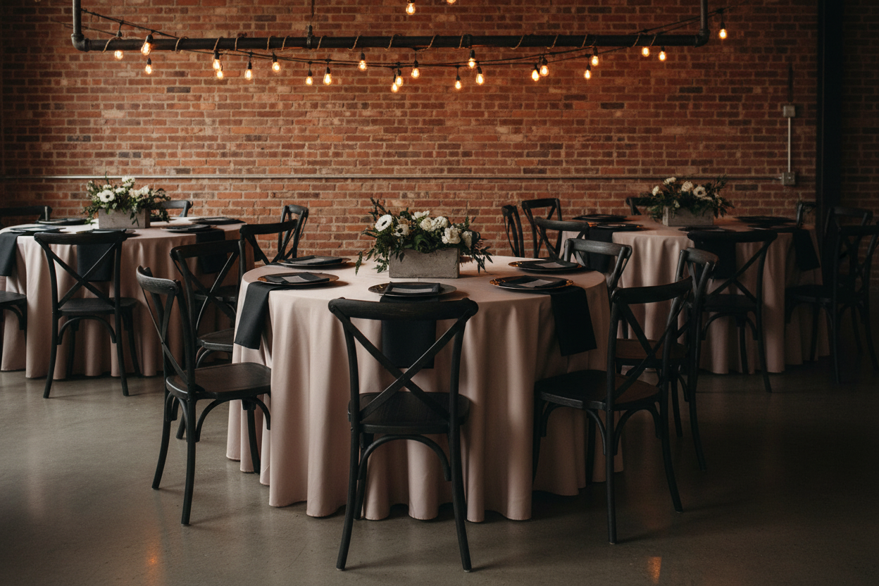 restaurant setup with Lamour Satin 132" Round Tablecloth - Taupe