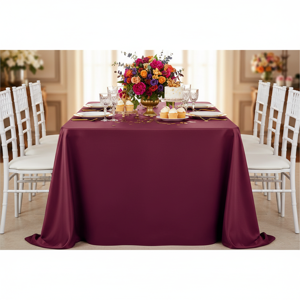 Lamour Satin 90"x156" Rectangular Oblong Tablecloth - Burgundy with white charger plate | white dinner plate | white chiavari chair | flower centerpice 