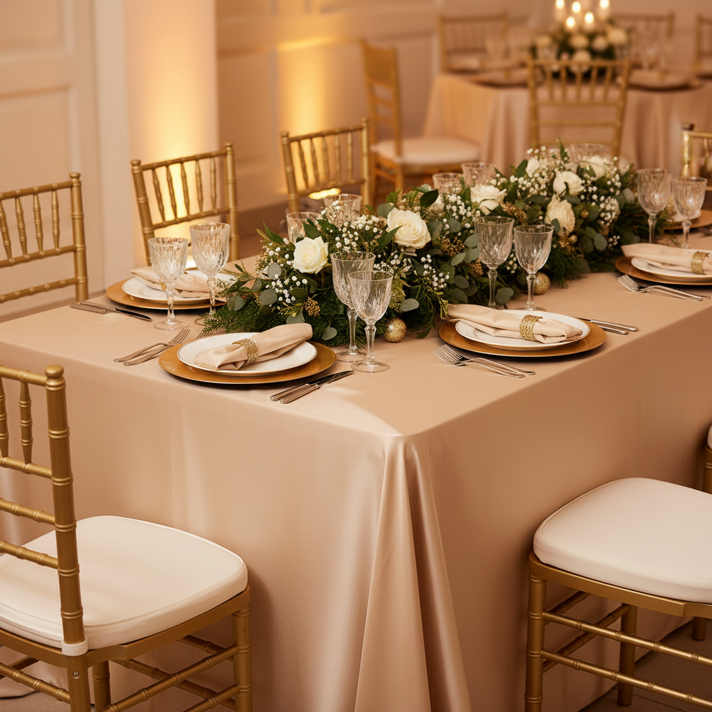 Lamour Satin 90"x132" Rectangular Oblong Tablecloth - Champagne for quinceanera with gold charger plate | white dinner plate | flower premade runner | gold chiavari chairs | champagne napkin