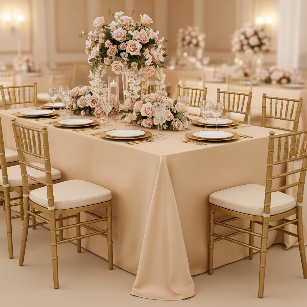 Lamour Satin 90"x132" Rectangular Oblong Tablecloth - Champagne for quinceanera with gold charger plate | white dinner plate | flower premade runner | gold chiavari chairs