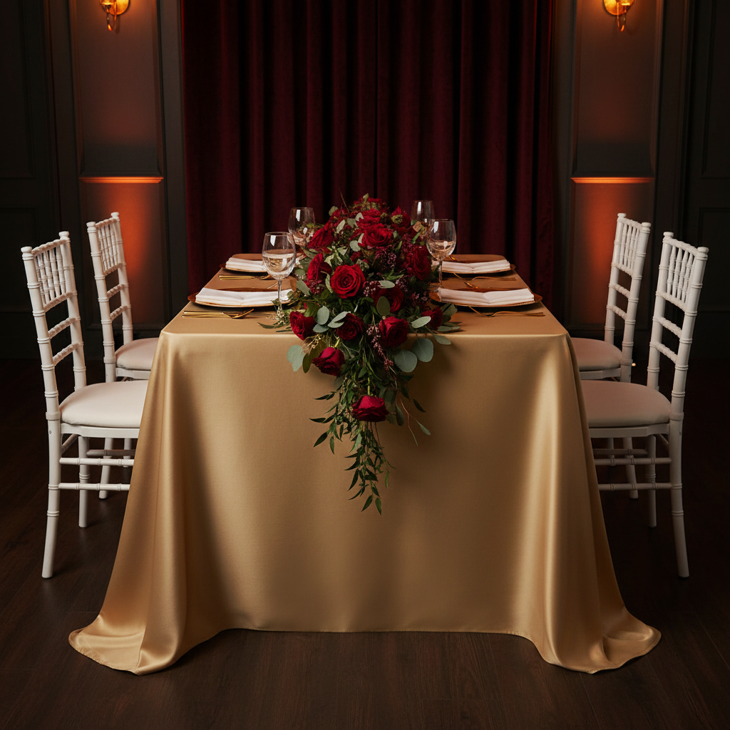 Lamour Satin 90"x132" Rectangular Oblong Tablecloth - Gold Antique with gold charger plate | white napkin | wine goblets | white chiavari chairs | floral premade runners