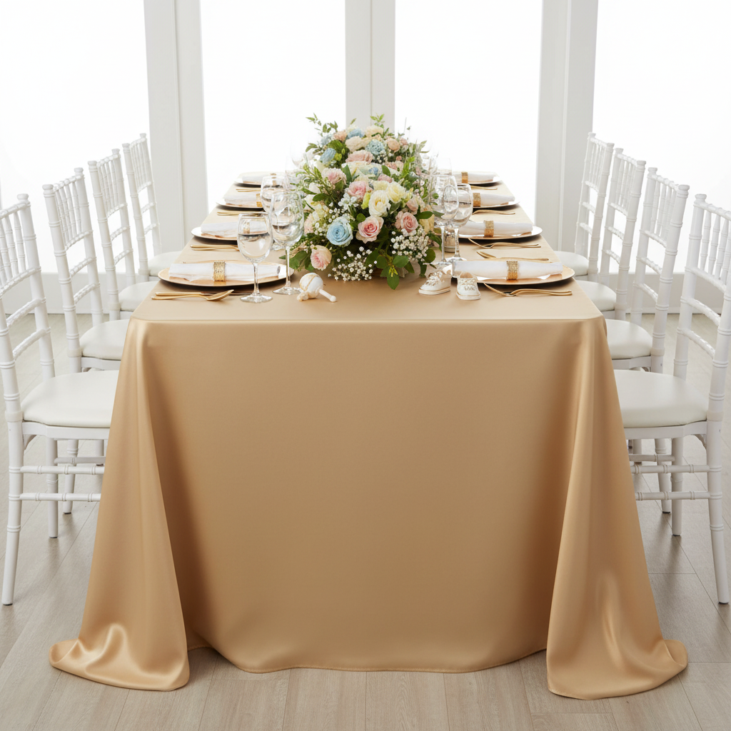 Lamour Satin 90"x132" Rectangular Oblong Tablecloth - Gold Antique with gold charger plate | white napkin | wine goblets | white chiavari chairs