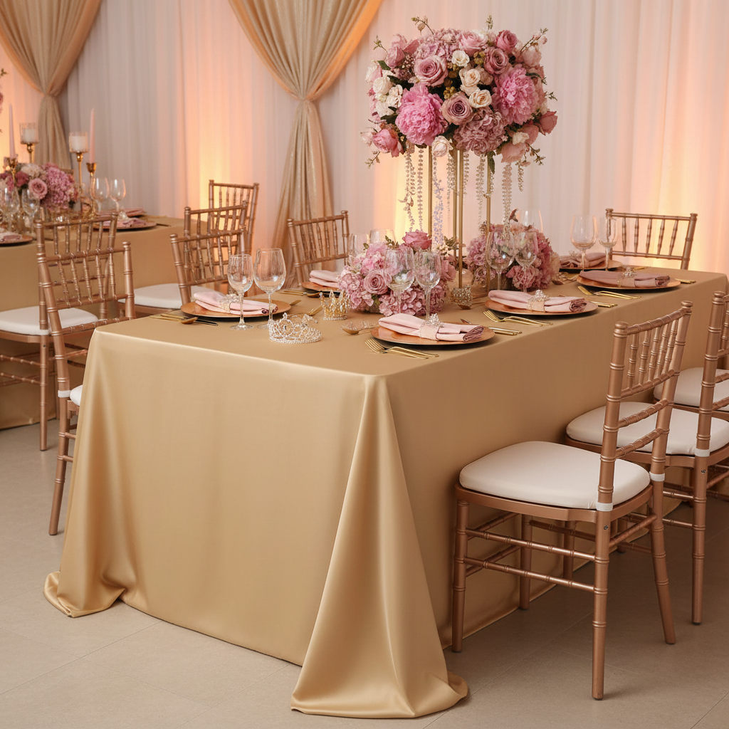 Lamour Satin 90"x132" Rectangular Oblong Tablecloth - Gold Antique with gold charger plate | blush napkin | wine goblets | gold chiavari chairs