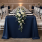 Lamour Satin 90"x132" Rectangular Oblong Tablecloth - Navy Blue with flower premade runner | silver charger plate | white napkin