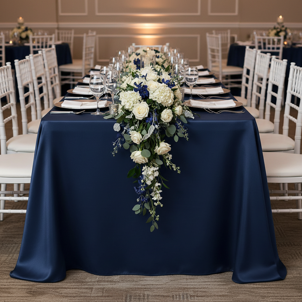 Lamour Satin 90"x132" Rectangular Oblong Tablecloth - Navy Blue with flower premade runner | silver charger plate | white napkin