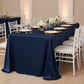 Lamour Satin 90"x132" Rectangular Oblong Tablecloth - Navy Blue with gold charger plate | white napkin