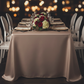 Lamour Satin 90"x132" Rectangular Oblong Tablecloth - Taupe with gold charger plate | white napkin | floral centerpieces