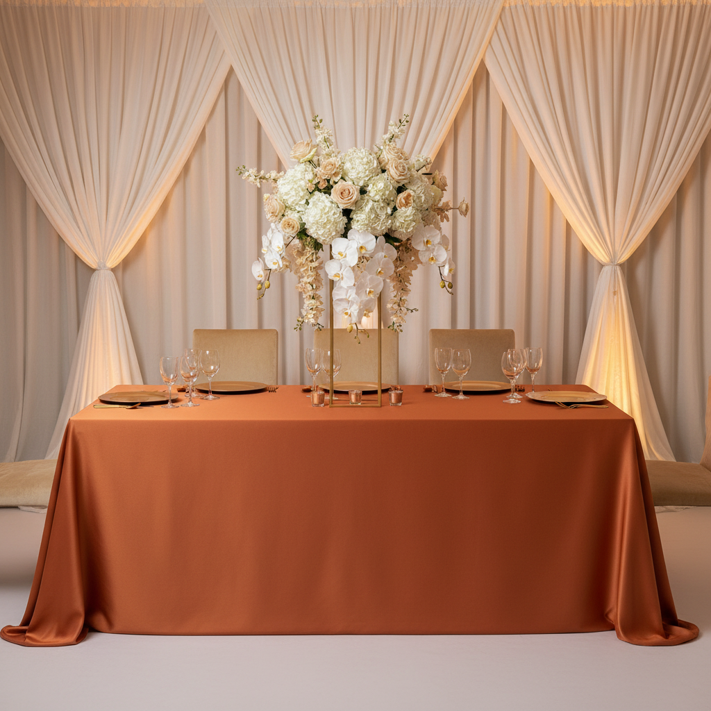 Lamour Satin 90" x 132" Rectangular Tablecloth - Terracotta