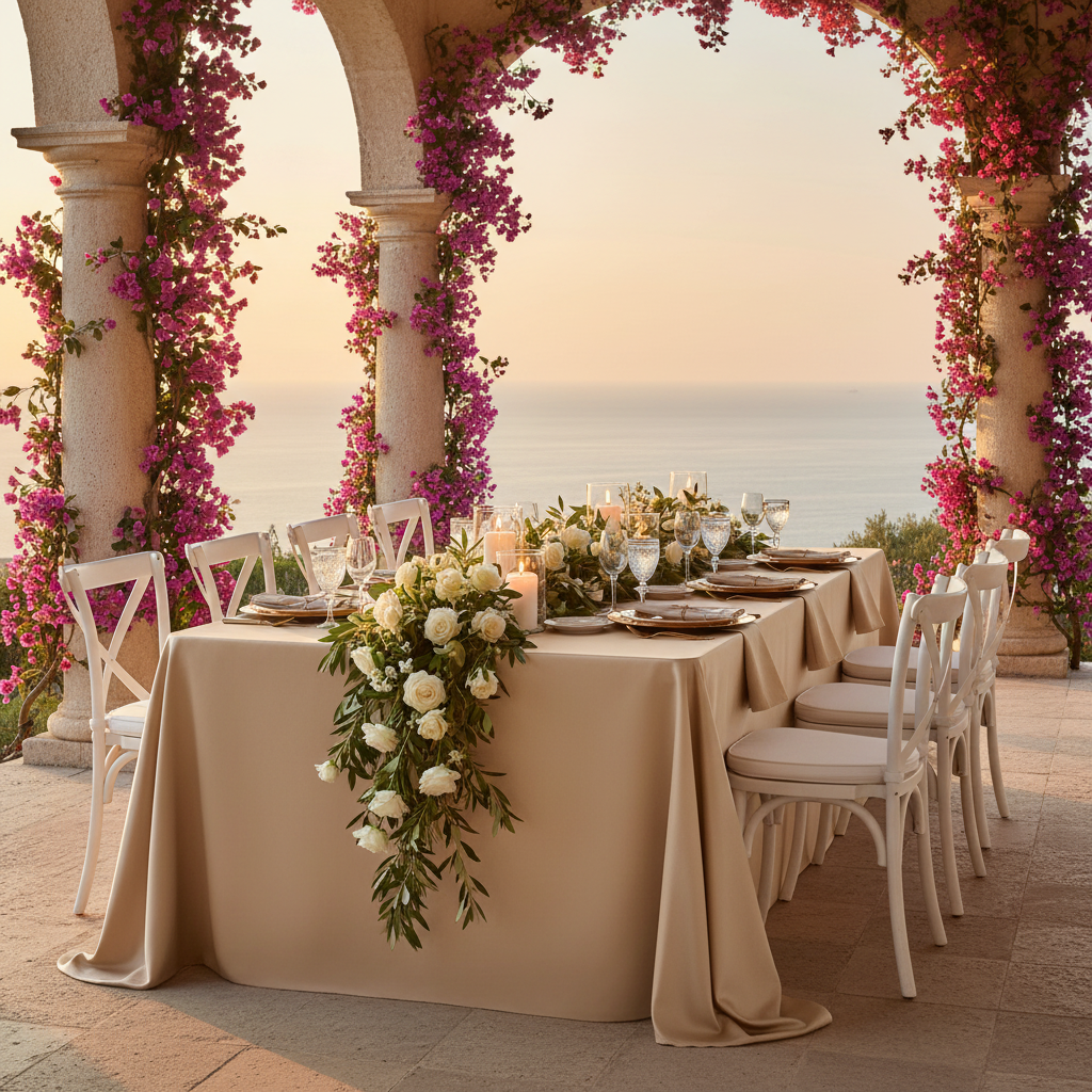 outdoor mediterranean villa setup with Lamour Satin 90"x156" Rectangular Oblong Tablecloth - Champagne