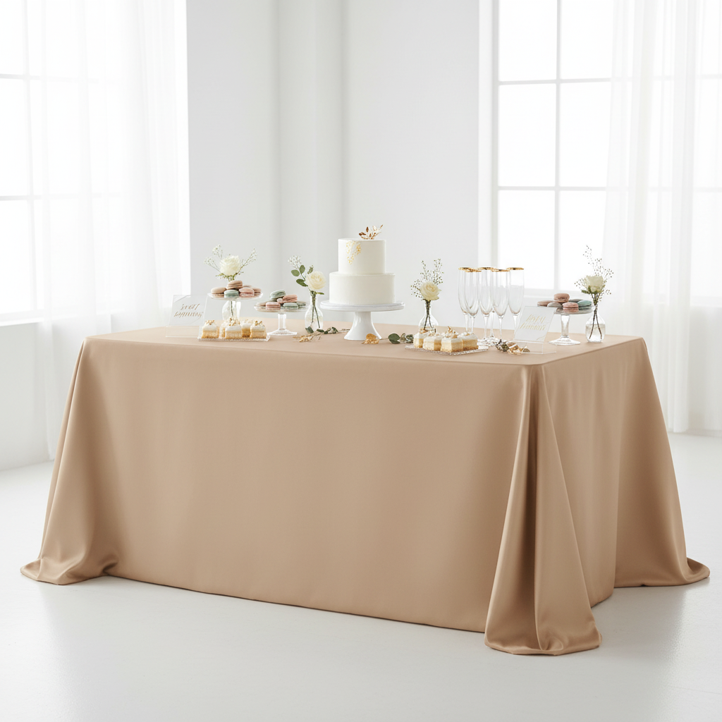 minimalist dessert table with Lamour Satin 90"x156" Rectangular Oblong Tablecloth - Champagne