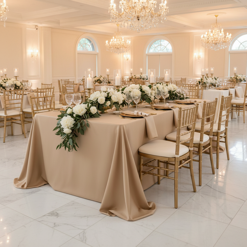luxury wedding reception with Lamour Satin 90"x156" Rectangular Oblong Tablecloth - Champagne