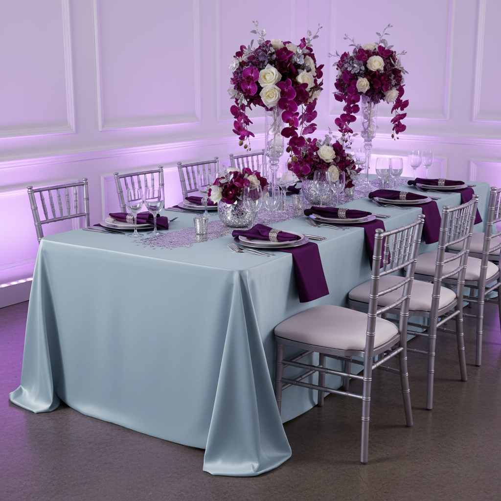 Lamour Satin 90"x156" Rectangular Oblong Tablecloth - Dusty Blue | charger plate | napkin | wine goblets | centerpiece |