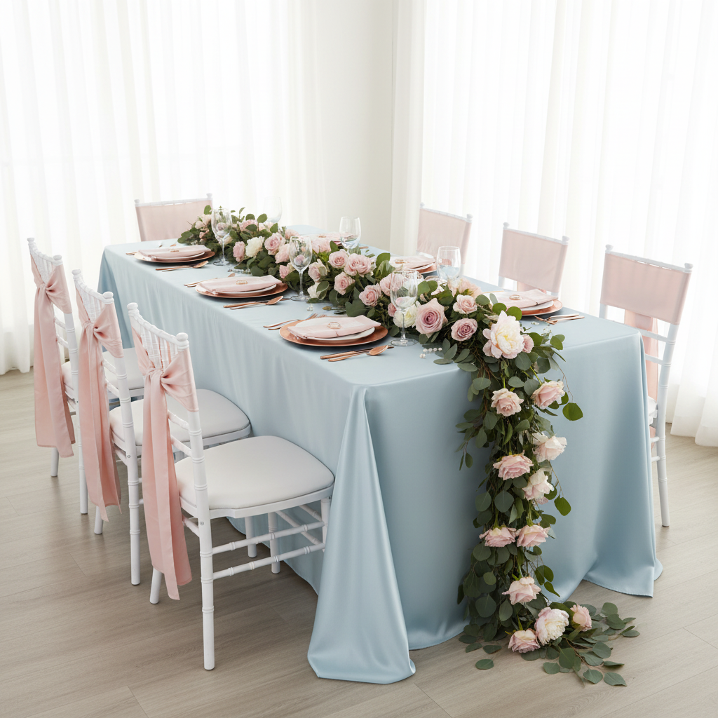 Lamour Satin 90"x156" Rectangular Oblong Tablecloth - Dusty Blue | charger plate | napkin | wine goblets | flower premade runner |