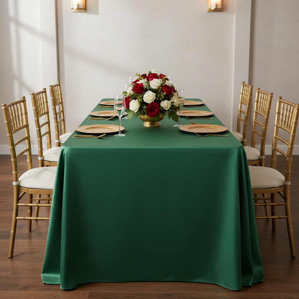 Lamour Satin 90"x156" Rectangular Oblong Tablecloth - Emerald Green | charger plate | wine goblets | flower centerpiece |