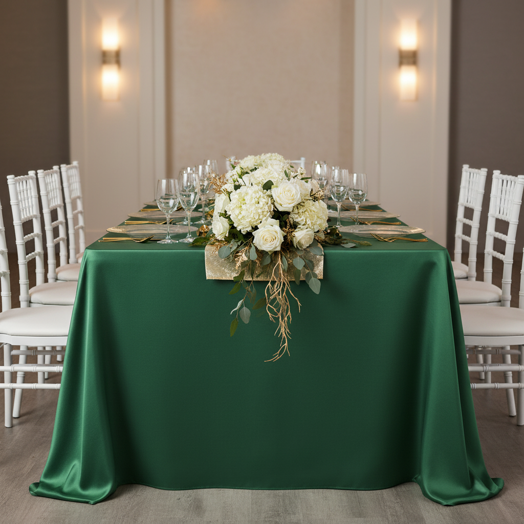 Lamour Satin 90"x156" Rectangular Oblong Tablecloth - Emerald Green | charger plate | wine goblets | flower premade runner | runner 