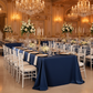 wedding reception with Lamour Satin 90"x156" Rectangular Oblong Tablecloth - Navy Blue