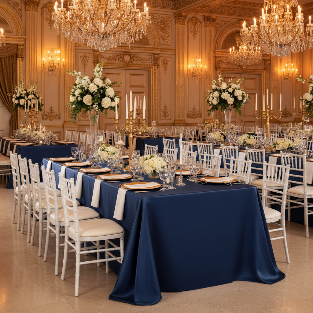 wedding reception with Lamour Satin 90"x156" Rectangular Oblong Tablecloth - Navy Blue
