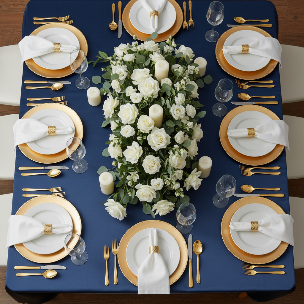 top view table setup with Lamour Satin 90"x156" Rectangular Oblong Tablecloth - Navy Blue