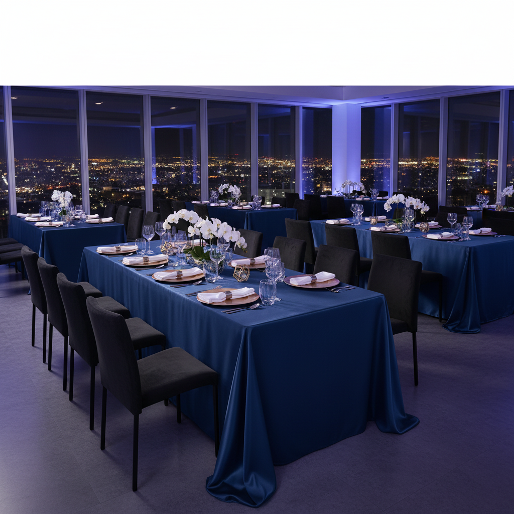 corporate after party dinner setup with Lamour Satin 90"x156" Rectangular Oblong Tablecloth - Navy Blue