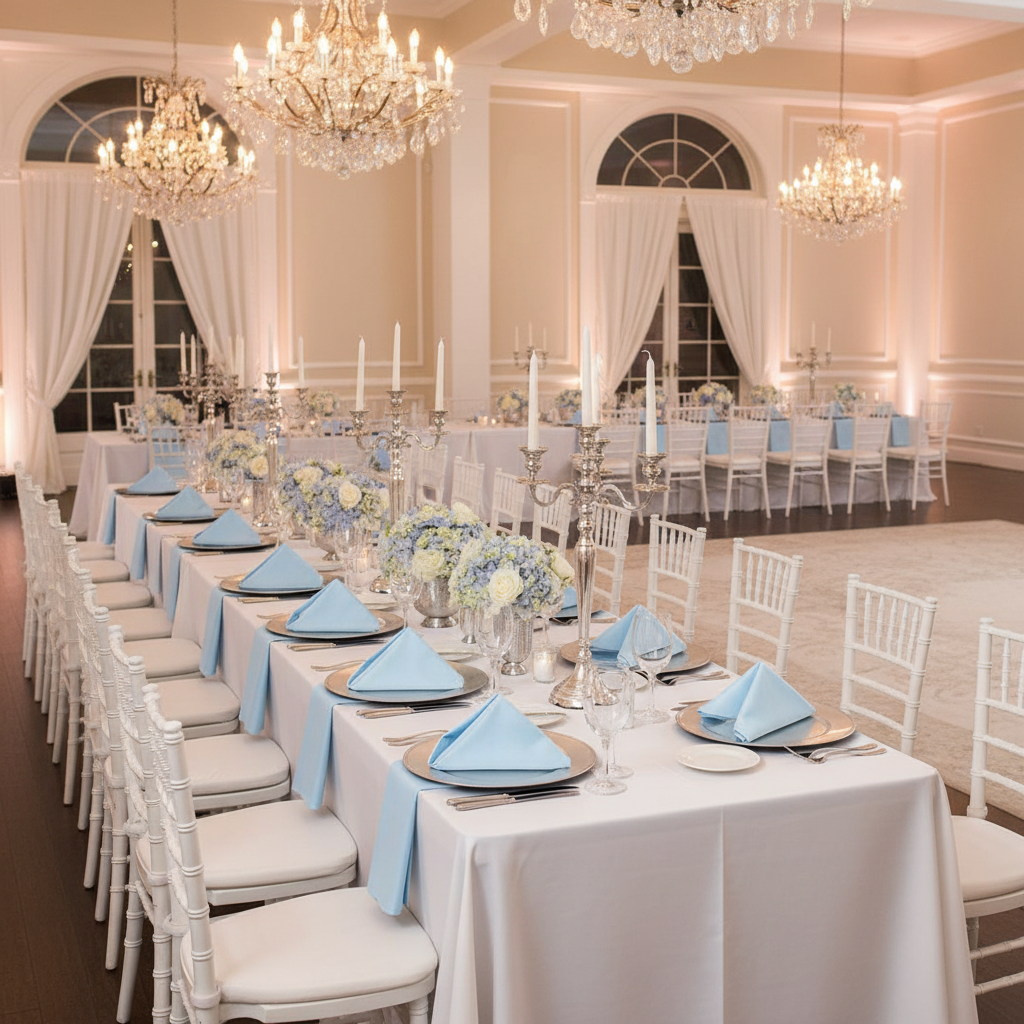 wedding banquet table setting with Lamour Satin Napkin 20"x20" - Baby Blue