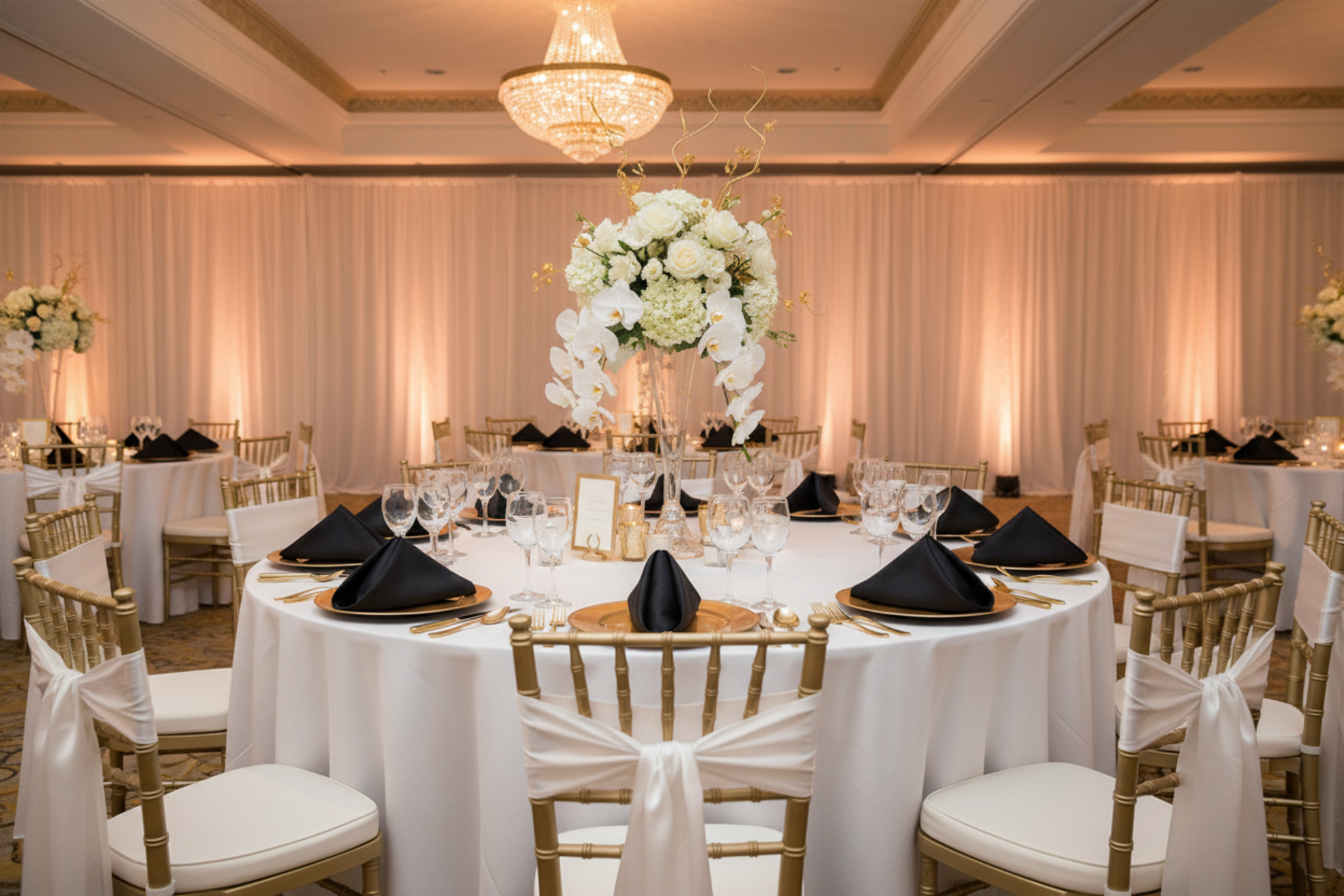 ballroom gala setup with Lamour Satin Napkin 20"x20" - Black
