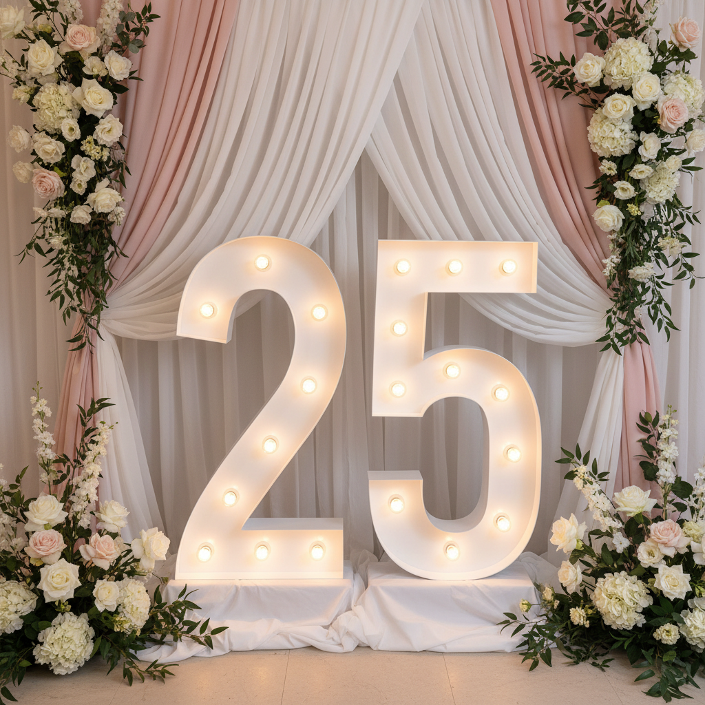 Large 4ft Tall LED Marquee Number - 2 with number 5 for 25th wedding anniversary celebration