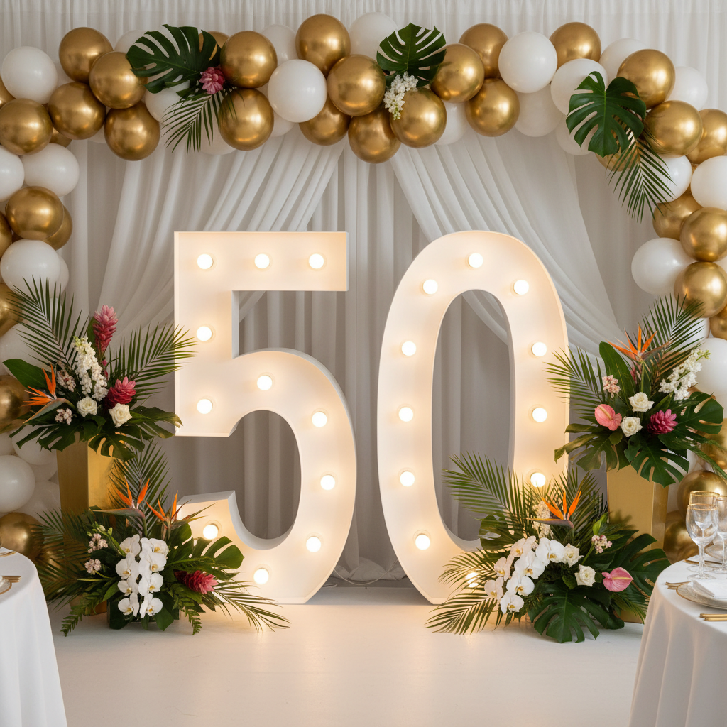 Large 4ft Tall LED Marquee Number - 5 for 50th tropical themed birthday reception