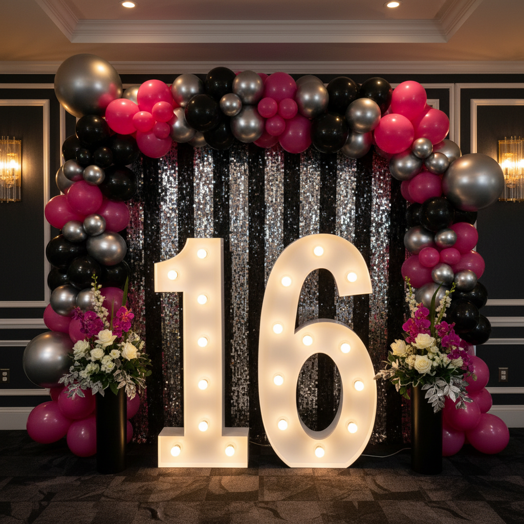 Large 4ft Tall LED Marquee Number - 6 for 16th birthday celebration with silver and black glitz sequin backdrop and black, red, silver balloons