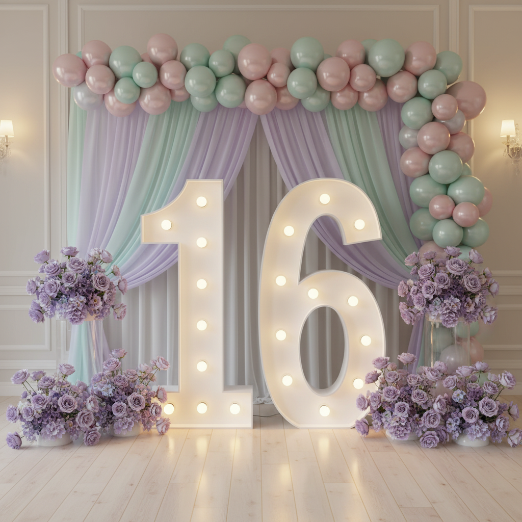 Large 4ft Tall LED Marquee Number - 6 for 16th birthday with lavender, mint chiffon drapes