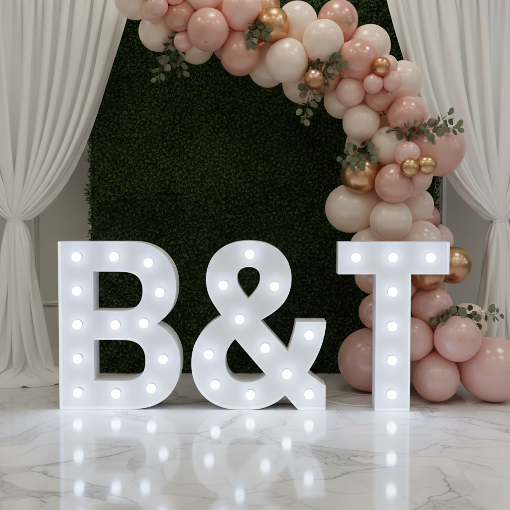 Large 4ft Tall LED Marquee Letter - T with balloon arch for wedding reception