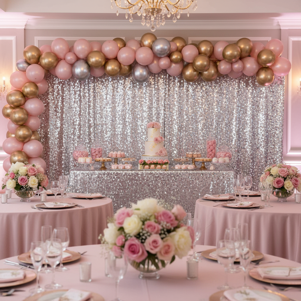 sweet 16 reception with Large Payette Sequin 10ft H x 52" W Drape/Backdrop panel - Silver