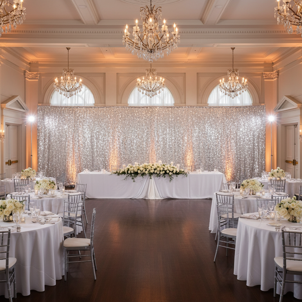 ballroom wedding reception with Large Payette Sequin 10ft H x 52" W Drape/Backdrop panel - Silver