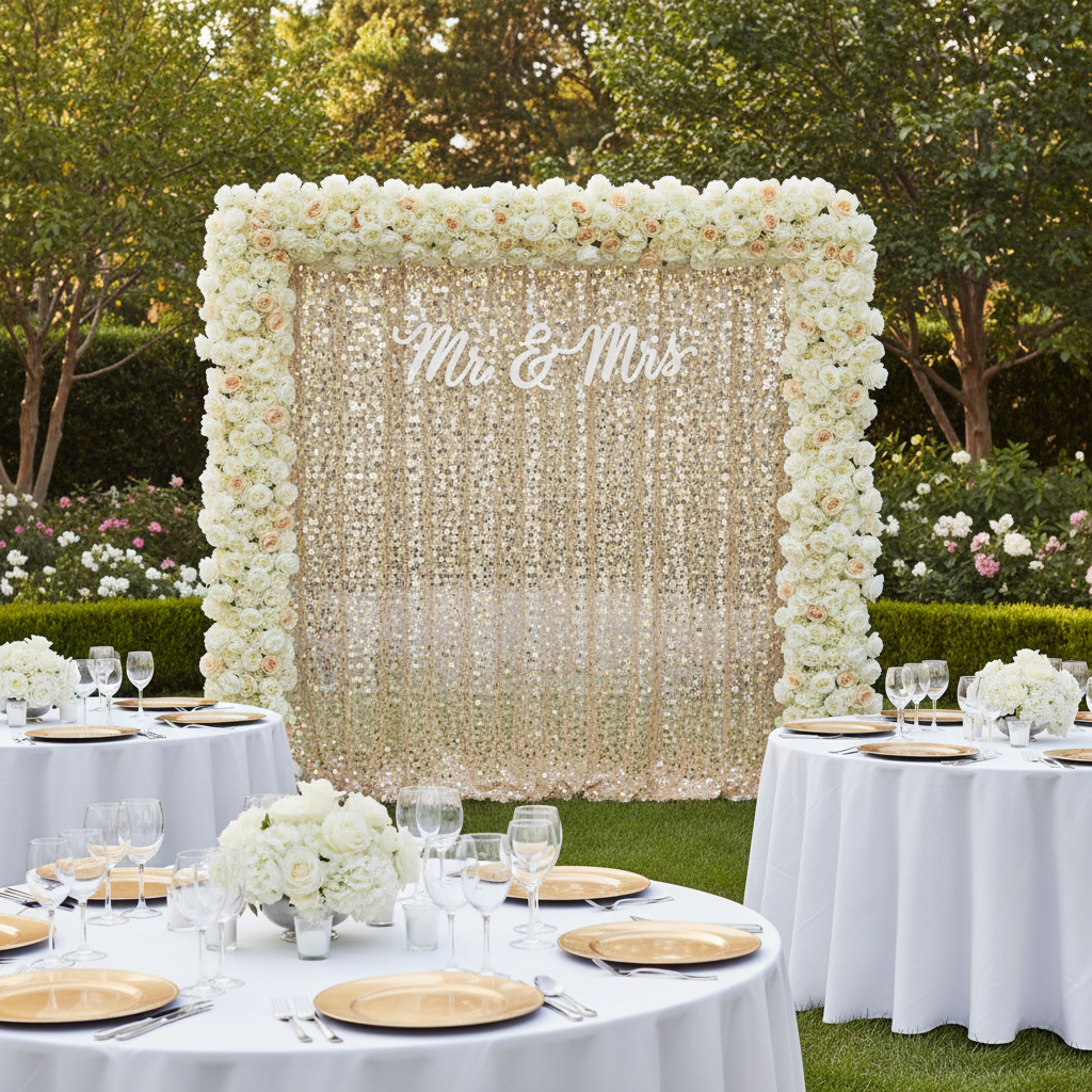 Large Payette Sequin 12ft H x 52" W Drape/Backdrop panel - Champagne with flower premade runner | mr&mrs sign |