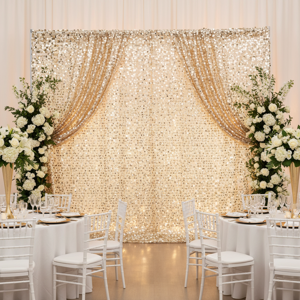 Large Payette Sequin 12ft H x 52" W Drape/Backdrop panel - Champagne with flower premade runner 