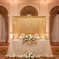 Large Payette Sequin 12ft H x 52" W Drape/Backdrop panel - Gold at the back of sweetheart table for wedding reception
