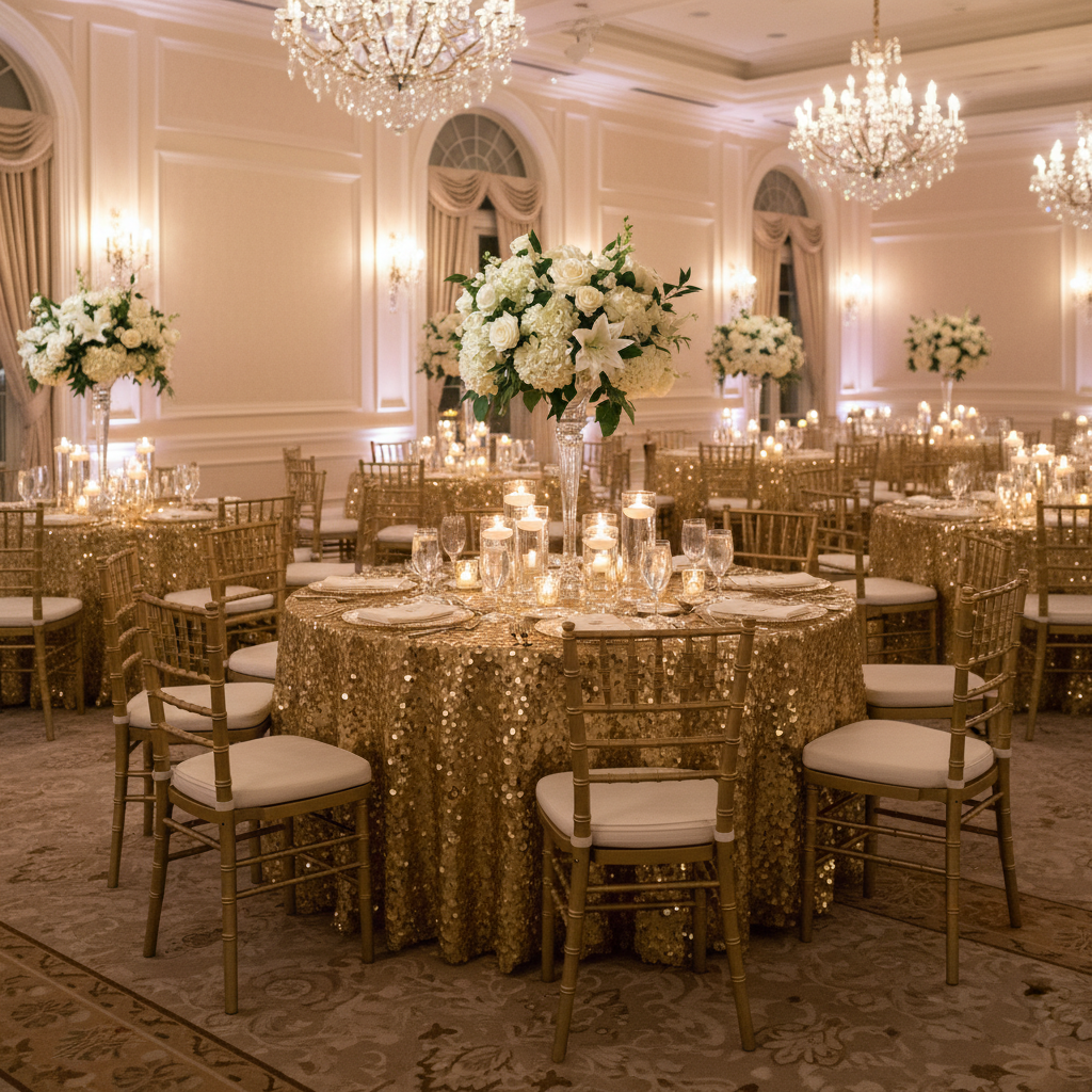 indoor anniversary reception with Large Payette Sequin 132" Round Tablecloth - Gold