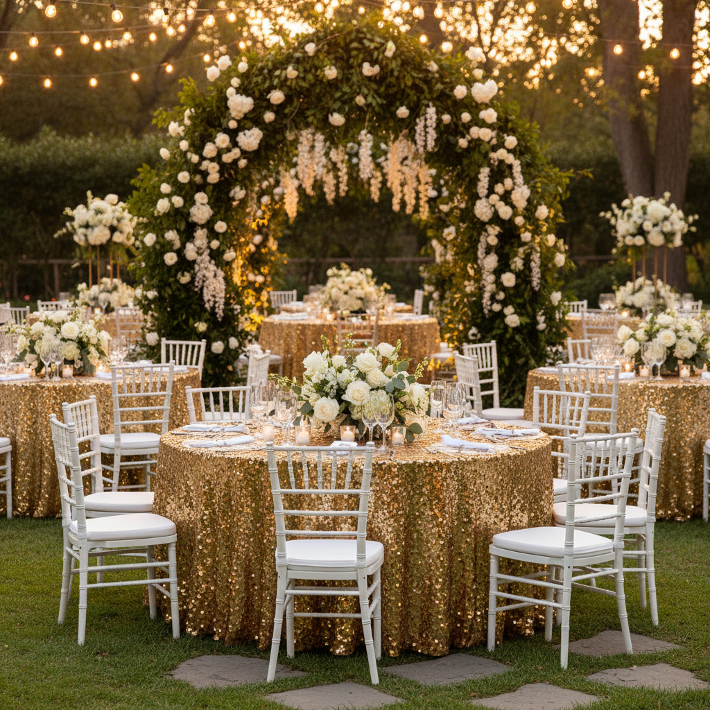 garden corporate anniversary setup with Large Payette Sequin 132" Round Tablecloth - Gold