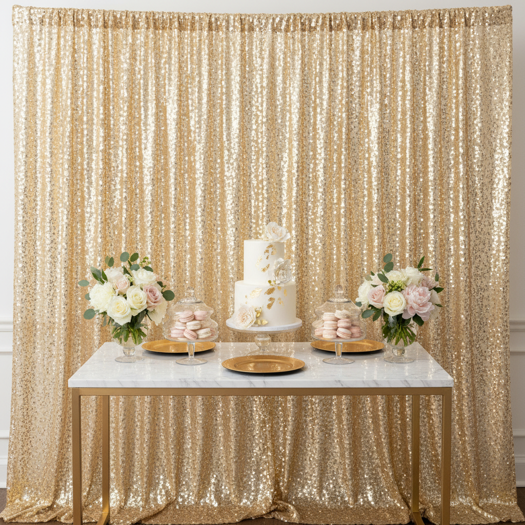 Large Payette Sequin 14ft H x 52" W Drape/Backdrop panel - Gold for baby shower dessert table