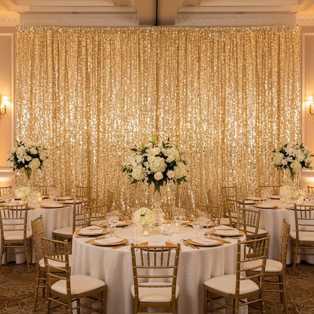 Large Payette Sequin 14ft H x 52" W Drape/Backdrop panel - Gold for wedding reception indoor