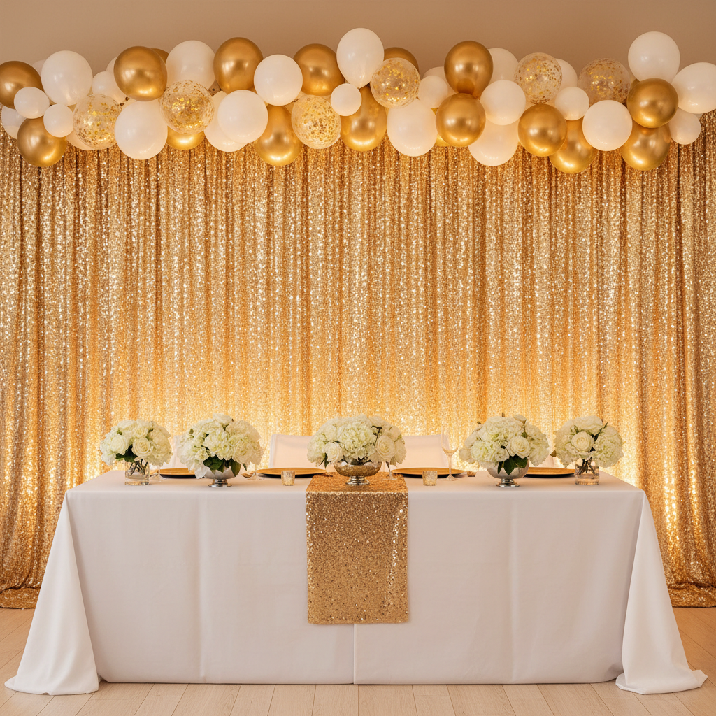 Large Payette Sequin 14ft H x 52" W Drape/Backdrop panel - Gold with white and gold balloons on top for sweet 16 celebration